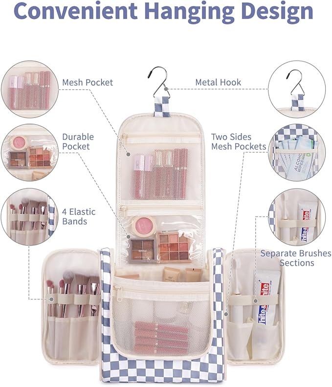 Narwey Checked Hanging Travel Toiletry Bag for Women, Travel Bag for Toiletries, Makeup Bag Organizer Cosmetic Bags Make Up Bags for Women (Grayish Blue Checkerboard)