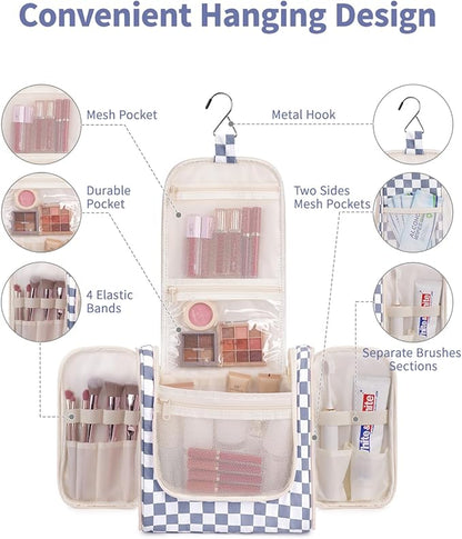 Narwey Checked Hanging Travel Toiletry Bag for Women, Travel Bag for Toiletries, Makeup Bag Organizer Cosmetic Bags Make Up Bags for Women (Grayish Blue Checkerboard)