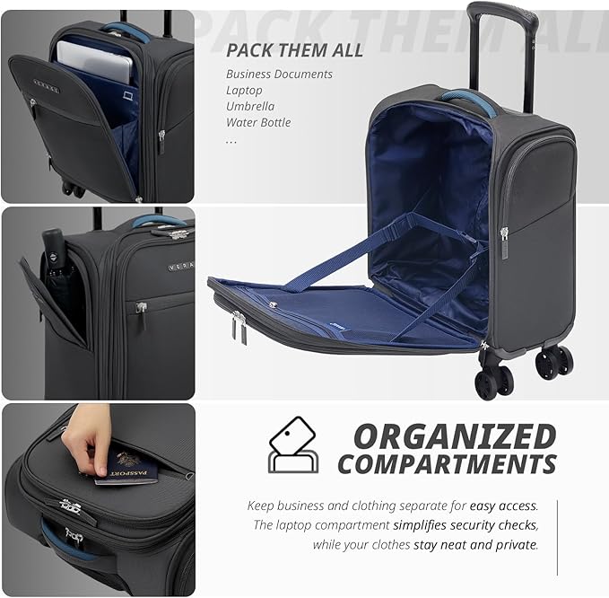 Verage Under Seat Luggage with Wheels, Softside Small Suitcase Spinner Carry On Luggage Bags for Airlines Airplanes Short Trip Men Women (Grey, 14-Inch Underseat)