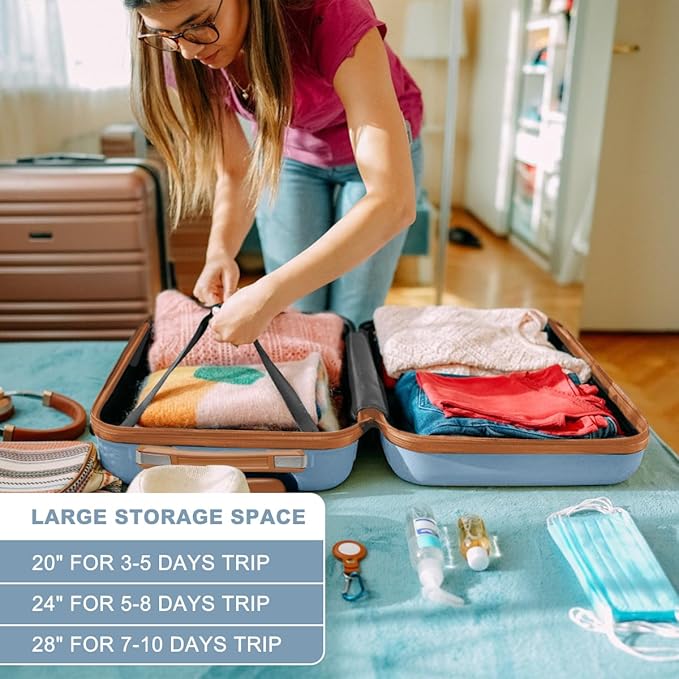 Kono 4 Piece Luggage Sets Expandable(only 28") with Spinner Wheels TSA Lock Lightweight PC+ABS Hardside Travel Rolling Suitcases 20in 24in 28in Carry on and 12in Mini Cosmetic Case Apricot Blue