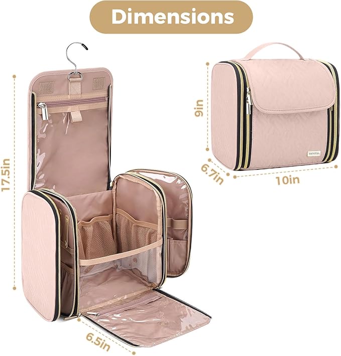 Hanging Toiletry Bag & Makeup Bag for Women with Jewelry Organizer - TSA Approved Large Capacity Travel Cosmetic Organizer, Waterproof Shower Essentials Case with Transparent Pockets, Pink