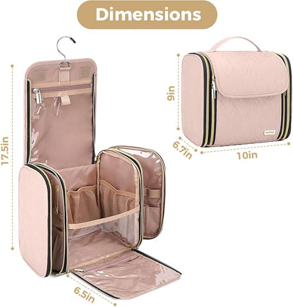 Hanging Toiletry Bag & Makeup Bag for Women with Jewelry Organizer - TSA Approved Large Capacity Travel Cosmetic Organizer, Waterproof Shower Essentials Case with Transparent Pockets, Pink