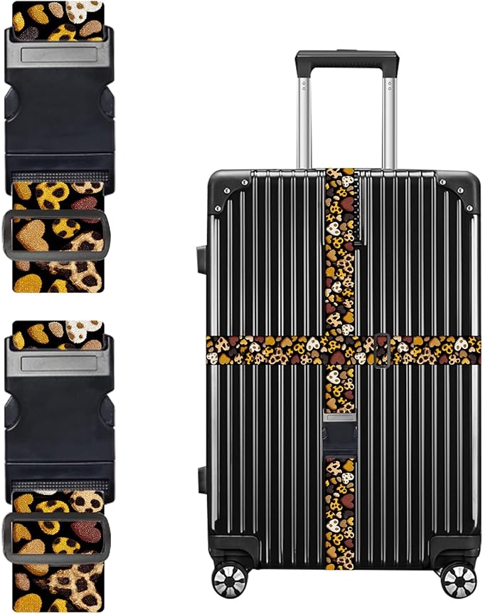 Nuxovilar Luggage Straps of 2 Set Leopard Print Hearts Pattern, 1.96x90.5 inches - Luggage Straps for Suitcases, Great for Travel, Romantic Trips, Daily Use