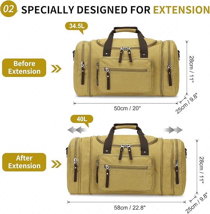 Expandable Canvas Duffel 50cm-58cm, Sturdy Zipper and Reinforced Handles, Lightweight Carry-On Weekender Bag for 3-5 Day Trips, Khaki