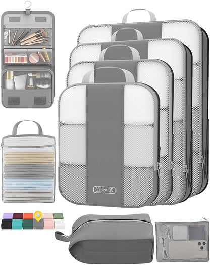 8 Set Compression Packing Cubes for Travel Essentials,Compressible Expandable Packing Cubes for Suitcase,OlarHike Luggage Organizer Bags for Travel,Handy Helper for Organizing Clothes(Gray)