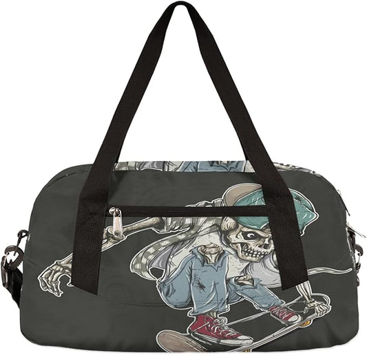Cool Human Skeleton Skateboard Gym Duffle Bag for Kids,Sports Bag for Teens Boys & Girls Small Waterproof Overnight Weekender Carry School Practice Travel Bag