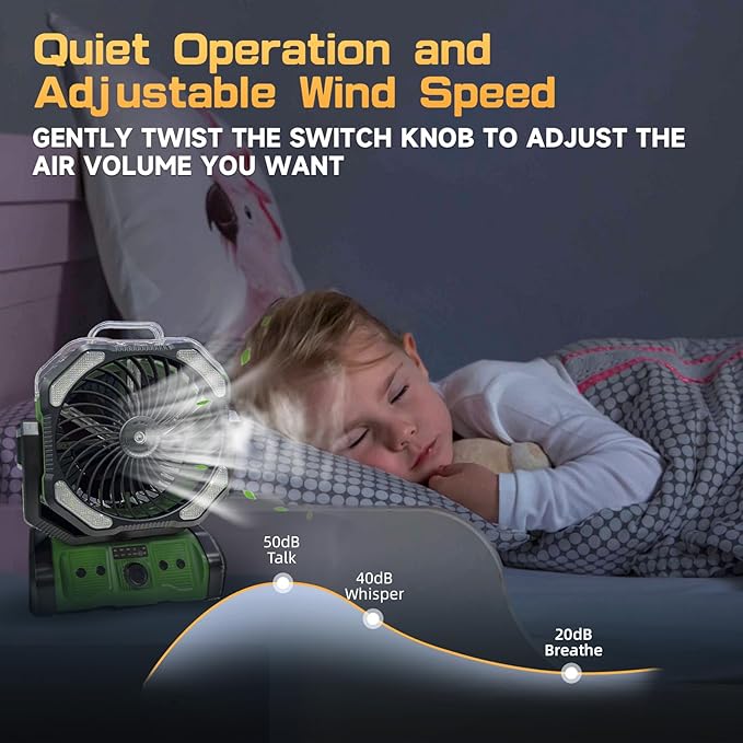 Portable Misting Fan with LED Light & 20000mAh Power Bank - Rechargeable Camping Fan with Remote, Spotless Speeds & 360° Pivot Hook for Outdoor, Hurricane, RV, Power Outages