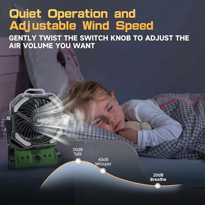 Portable Misting Fan with LED Light & 20000mAh Power Bank - Rechargeable Camping Fan with Remote, Spotless Speeds & 360° Pivot Hook for Outdoor, Hurricane, RV, Power Outages