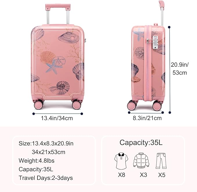 Somago Spinner 18" Hardside PC Carry on Suitcase with TSA Lock Lightweight Children Luggage(18inch, Seashell Pink)