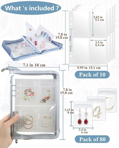 AOLEIXIYA Jewelry Organizer Book Clear Travel earring book organizer Transparent Jewelry Book with Zipper Pouch Bags (Light blue,With 80 PCS Small Jewelry Bags)