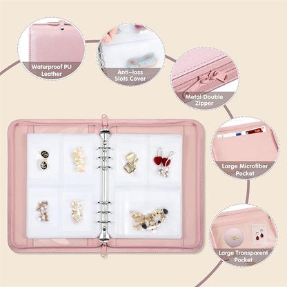 Jewelry Travel Organizer Case, PU Leather Portable Jewelry Storage Book with Transparent Pockets Zipper Bag for Necklaces, Earrings, Bracelets(48 Grids+48 Thicken PVC Bags), Rose Gold