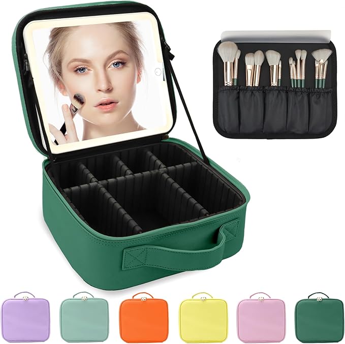 Travel Makeup Bag for Women and Makeup Artists Cosmetic Organizer Large Makeup Case,Travel Makeup Bag with Mirror 3 Color Setting,Portable Storage and Adjustable Dividers(Dark green)
