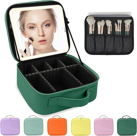 Travel Makeup Bag for Women and Makeup Artists Cosmetic Organizer Large Makeup Case,Travel Makeup Bag with Mirror 3 Color Setting,Portable Storage and Adjustable Dividers(Dark green)