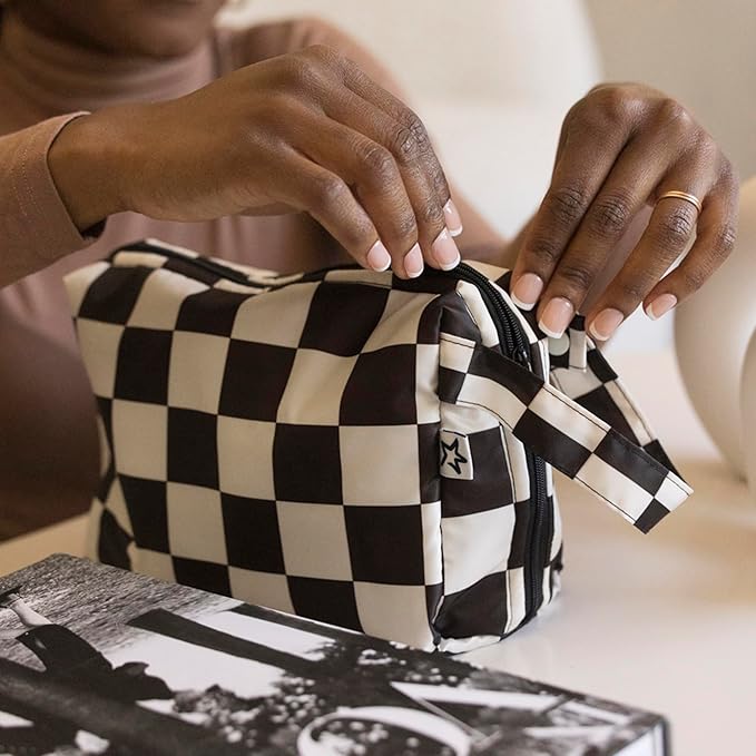 Tiny Twinkle Waterproof Travel Toiletry & Makeup Bag Organizer | Large Capacity Cosmetic Case with Compartments & Handle, A Thoughtful Travel Companion for Women（Black Checkers