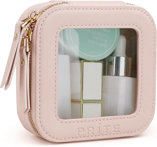 Prite Small Makeup Bag for Women Portable Clear Makeup Bag Cute Mini Waterproof Travel Cosmetic Bag with Gold Zipper for Car Essentials(Pearlescent Pink)
