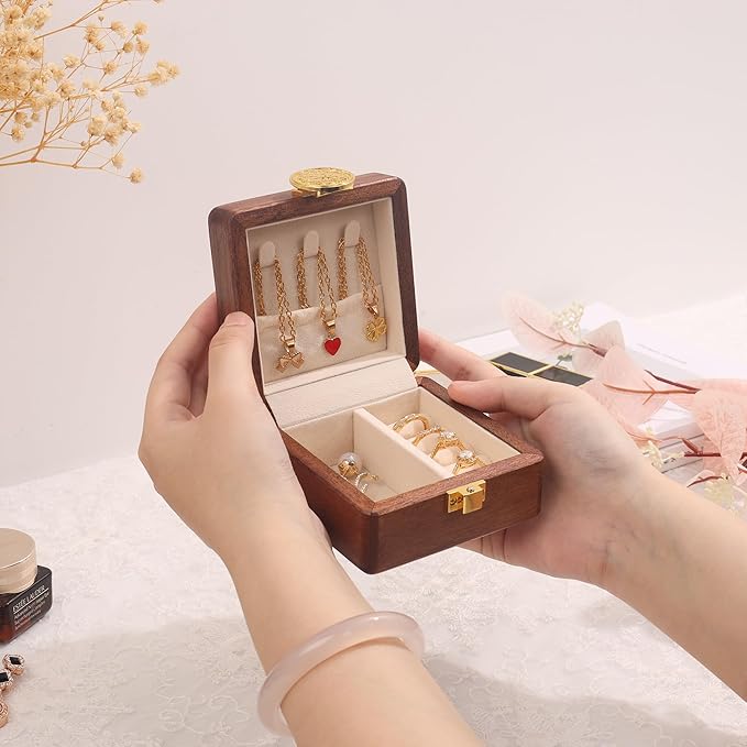 Travel Jewelry Case Wood Small Jewelry Box for Women Wood Jewelry Organizer Storage Holder For Earrings Rings Necklaces Velvet Wooden Jewelry Box With Lock