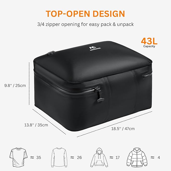 Vacuum Bags for Travel with Pump, Reusable Vacuum Compression Bags for Luggage, IP68 Waterproof, Top-open Design, Fits 20/24/28 Inch Suitcase (2PC+Pump, 43L)