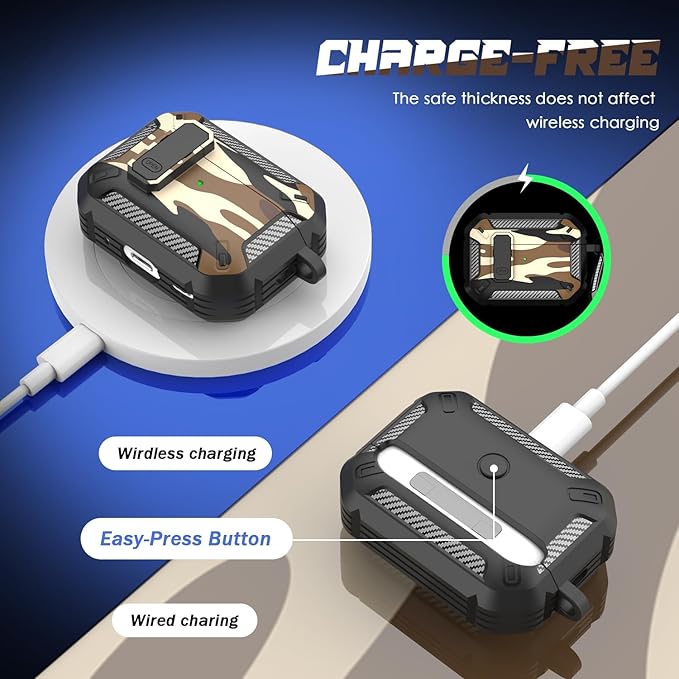 RFUNGUANGO for AirPods Pro 2nd Gen Case with Cleaning Kit, Military Hard Case Protective Armor with Lock, for AirPod Gen 2 Charging Case (2023/2022/2019, 2nd Gen/1st Gen), Desert Camo