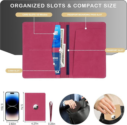 Airtag Passport Holder for Women Men Travel, Real Leather Passport Wallet, Handmade Passport Cover Case with Airtag Slot, Travel Must Haves Essentials Accessories Birthday Gifts(Crazy Horse, Rose Red)