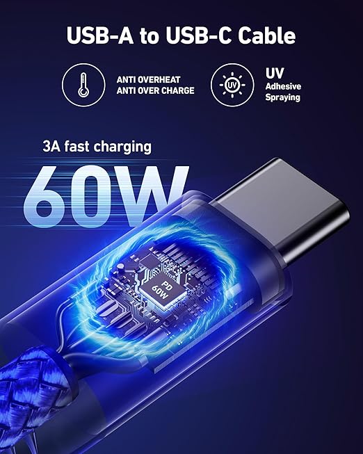USB A to USB C Cables 60W Fast Charging [2 Pack 6FT], USB to USB C Cable for CarPlay, USB Type C iPhone Charger Durable Braided USBC Cord for iPhone 17/16/15/Pro Max, Samsung Galaxy S23 and More-Blue