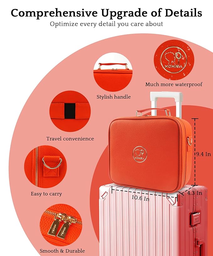 MOMIRA Travel Makeup Bag Cosmetic Bag with Lighted Mirror, Adjustable Brightness in 3 Color Scenarios/Detachable makeup mirror, All-round Upgrade, Waterproof, Gift for Women -Orange