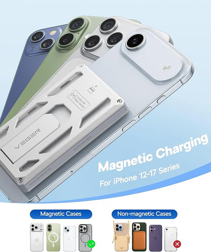 VEGER Portable Charger, Magnetic Power Bank with Phone Stand, Card Slot RFID Blocking, Global Tracking, 20W USB-C Fast Charging Powerbank, 15W Wireless Battery Pack for iPhone17/16/15/14/13/12 White