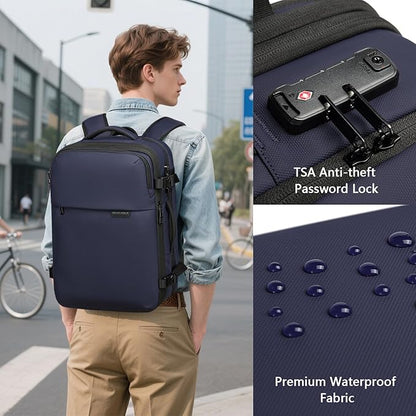 Vacuum Seal Travel Backpack 45L - Expandable Air Compression System, Water-Resistant, Carry-On Suitcase Luggage with TSA Lock Fits 18" Laptop - Vacuum Pump Included (Blue)