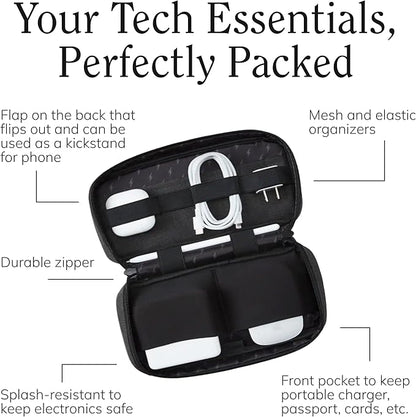 Halfday Sidekick Tech Organizer Kit | Flip-Out Kickstand for Phone/Tablet, Zip-Flat Pouch with Power Mesh & Elastic for Cable & Charger (Splash-Resistant Travel Electronics Accessories Case), Shadow
