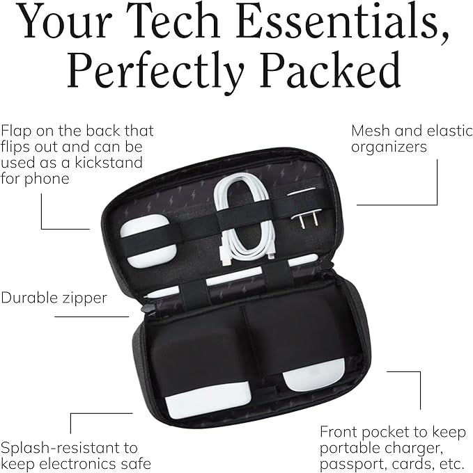 Halfday Sidekick Tech Organizer Kit | Flip-Out Kickstand for Phone/Tablet, Zip-Flat Pouch with Power Mesh & Elastic for Cable & Charger (Splash-Resistant Travel Electronics Accessories Case), Marine