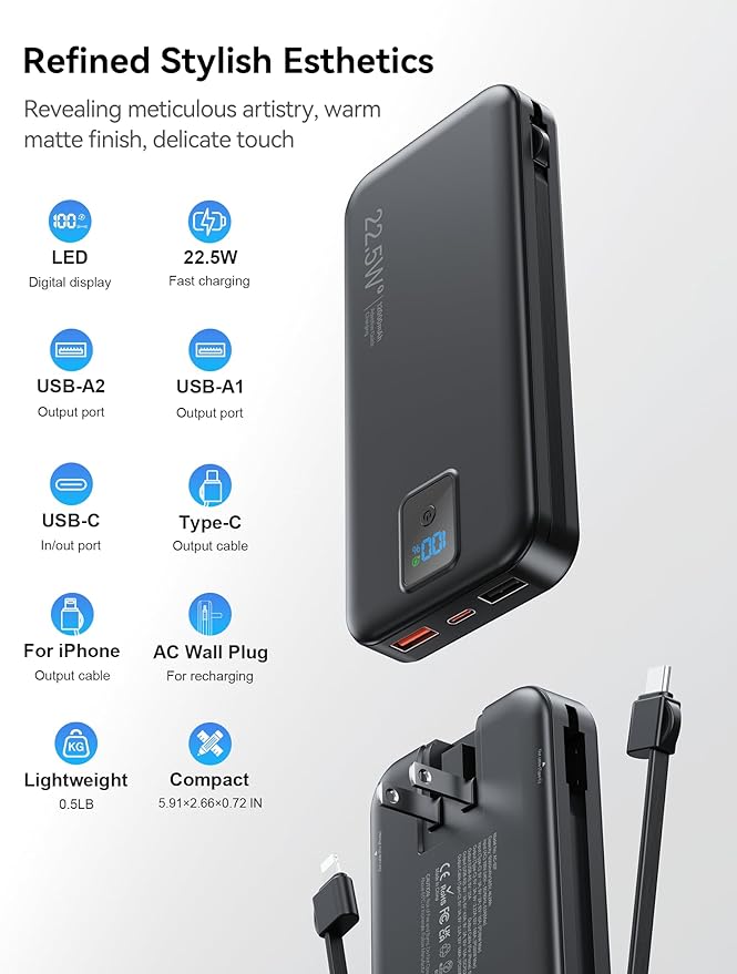 Portable Charger, 12000mAh 22.5W Fast Charging Power Bank with Built-in Cables & Wall Plug, Travel Essentials Battery Pack with LED Display, USB C External Battery Bank for iPhone iPad, Samsung Black