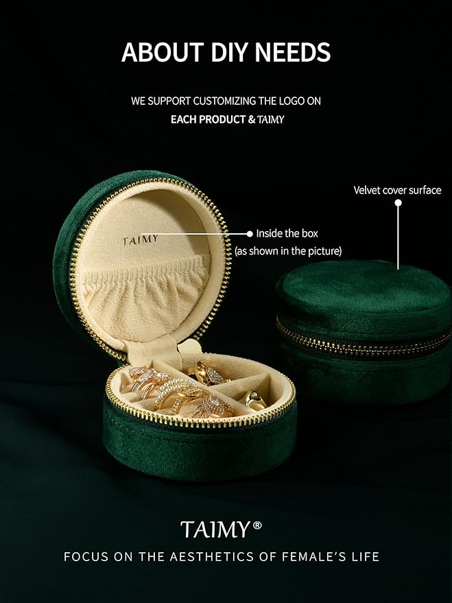 TAIMY Travel Jewelry Case, Small Round Velvet Travel Jewelry Box for Women Girls, Portable Tiny Jewelry Travel Organizer Boxes for Rings Earrings Necklaces Bracelets(Emerald Green)