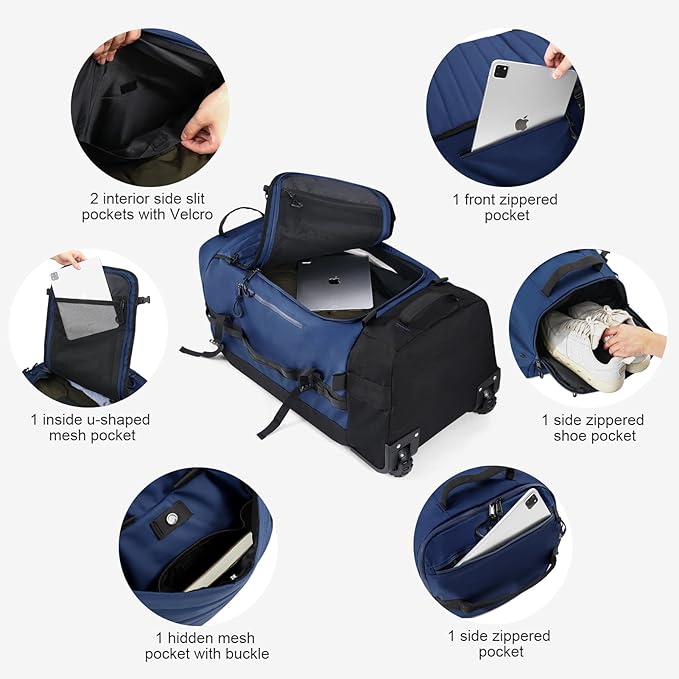 Vomgomfom 86L Collapsible Wheeled Luggage with Removable Backpack Straps,Waterproof Rolling Duffle Bag with Quilted Base,No Telescope Handle,Navy