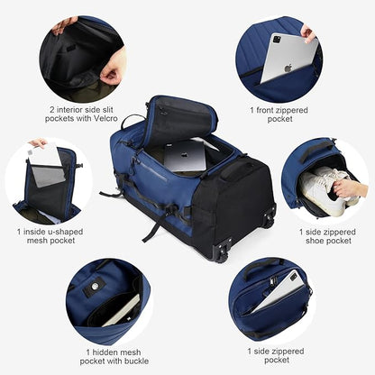 Vomgomfom 86L Collapsible Wheeled Luggage with Removable Backpack Straps,Waterproof Rolling Duffle Bag with Quilted Base,No Telescope Handle,Navy