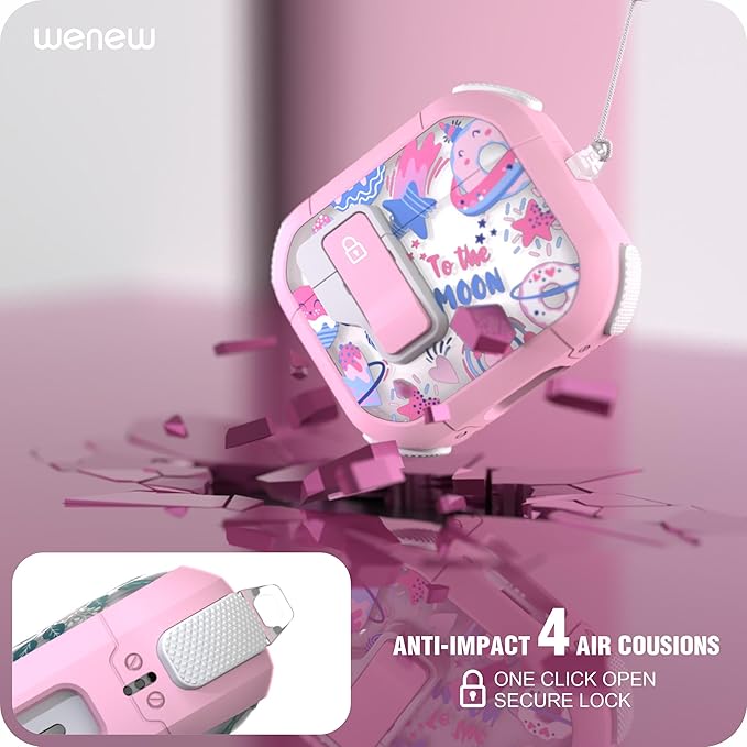 WENEW Case for AirPods 3 Case Cover Secure Lock Automatic Snap Switch Clip Cleaner Kit Lanyard Women Stylish Flower Armour Hard Shell Full Body Front LED Visible (Pink Space, AirPods 3rd)