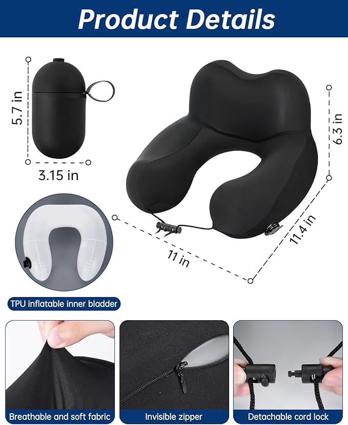 Neck Pillow for Traveling, 2-in-1 Air-Pump & Storage Bag, Inflatable Compact 360°Head Support Airplane Pillow for Travel,Train, Car - Black