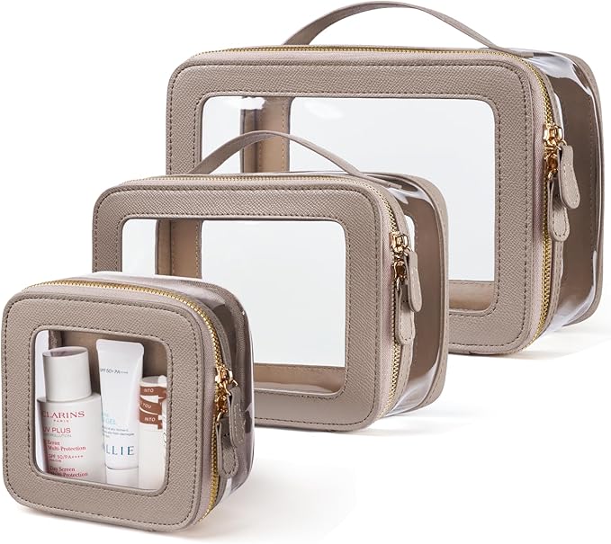 Clear Cosmetic Bag Set for Women Makeup Bag with Handle, 3 Pcs Travel Toiletry Bag Transparent Cosmetic Case Portable Make Up Organizer Bag for Essentials (Stone, Mini+S+L)