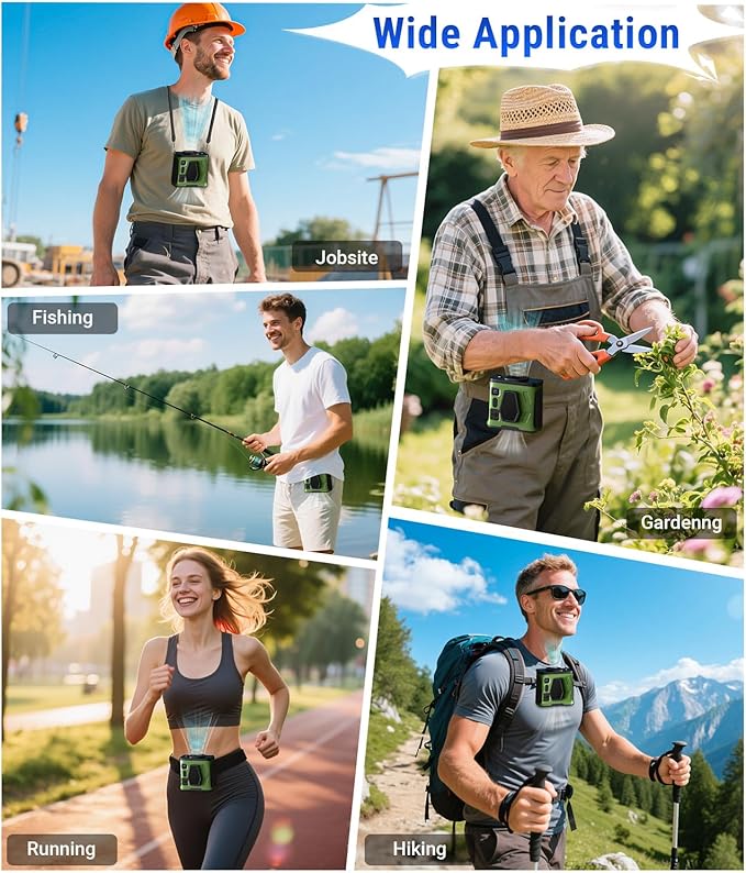 2025 Portable Waist Belt Clip Fan 10,000mAh/ 20,000RPM/ 40H Powerful Copper Brushless Motor, Hands-free Rechargeable Cooling Shirt Fan, Personal Hanging Neck Fan SOS Light for Outdoor Travel Camping