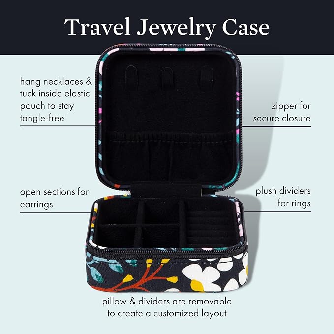 Kate Spade New York Black Travel Jewelry Case, Small Jewelry Box to Organize Rings, Necklaces, Earrings, Fall Floral, Fall Floral, Modern