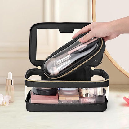 Travel Clear Makeup Bag with Makeup Brush Bag, Leather Makeup Case Toiletry Bag, Portable Cosmetic Bag Case, Transparent Waterproof Cosmetic Organizer Storage Bag for Women, Black