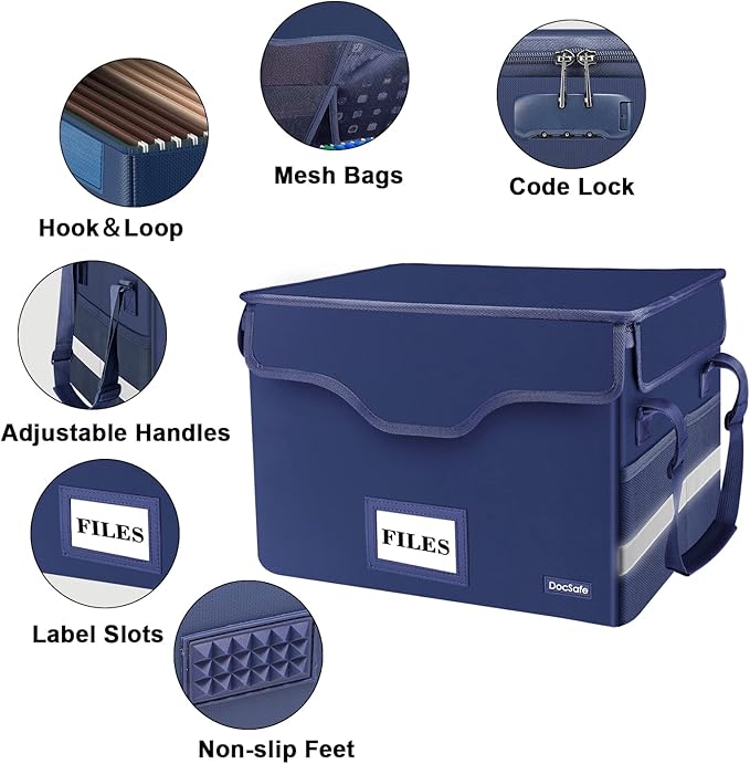 DocSafe Fireproof Document Box with Lock,File Storage Organizer with Pockets,Collapsible Portable File Box Home Office Safe Filing Cabinet with Handle for Hanging Letter/Legal Folders,Blue,2 Pack