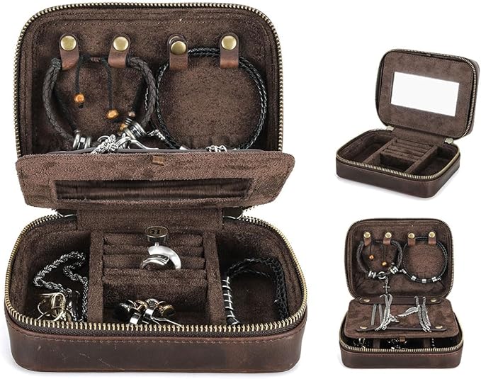 CONTACTS Genuine Leather Jewelry Box for Men Travel Jewelry Organizer Zipper Jewelry Cufflinks Ring Necklace Bracelet Storage Case with Mirror, Rectangular+mirror, Coffee