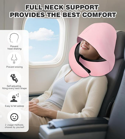 Travel Neck Pillow, Newly Upgraded Hooded Neck Pillow ,100% Pure Memory Foam Travel Pillow for Flight Headrest Sleep,Windproof and heat preservation,Suitable for use in Outdoor/ Plane/Car/Office