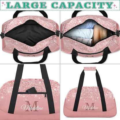 Personalized Kids Sports Duffel Bag with Name Custom Weekender Overnight Bag for Boys Girls Gym Bag Travel Dance Gymnastics Duffel Bag, Pink Glitter