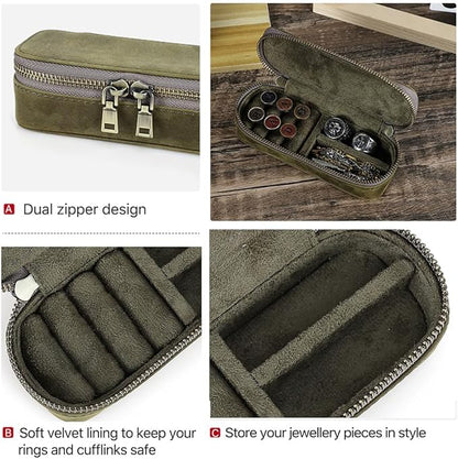 CONTACTS Crazy Horse Leather Cufflink Box for Men Travel Jewelry Storage Case Small Jewelry Organizer Padded Tray for Cufflinks Rings Earrings Studs (Green)