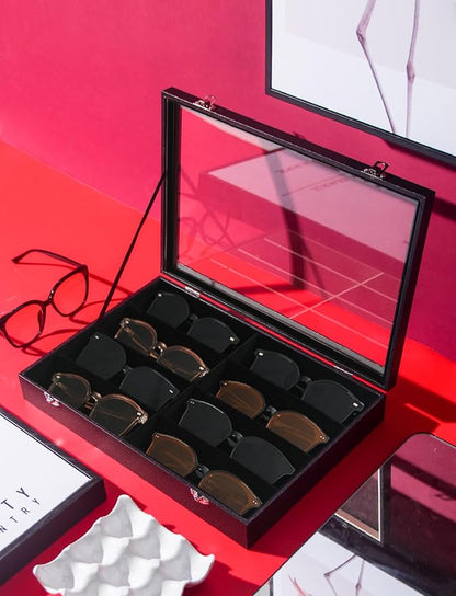 Coward Sunglass Organizer Tray Box, Black Velvet Grids Eyeglasses Display Tray Case with Transparent Glass Lid for Home Use or Store Shop Selling Show