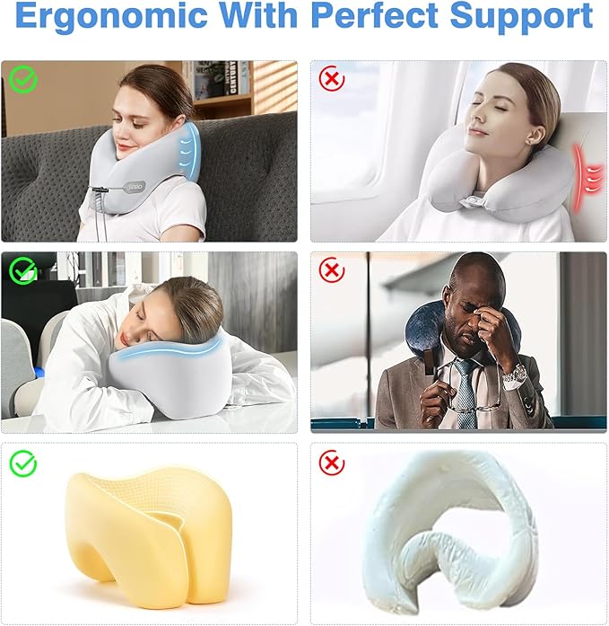 jiaao Travel Neck Pillow - Pain Relief & Comfortable Sleep on Cars, Trains & Planes - Memory Foam Advanced Neck Support for Long Flights, Eye Mask, Earplugs & Storage Bag
