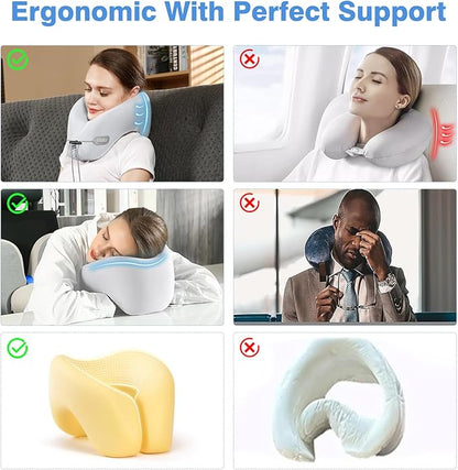 jiaao Travel Neck Pillow - Pain Relief & Comfortable Sleep on Cars, Trains & Planes - Memory Foam Advanced Neck Support for Long Flights, Eye Mask, Earplugs & Storage Bag