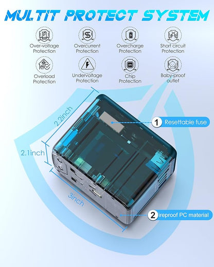Universal Travel Adapter with 6.0A 3X 3.0A USB-C Ports, 2X 2.4A USB-A Ports and Multi AC Outlets, International Power Plug Adapter Worldwide Travel Charger for EU UK AUS USA (Type C/G/I/A Plug)