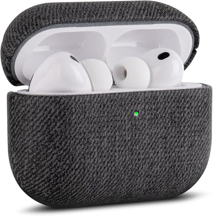 Handmade Case - for AirPods Pro 2 Case Cover - Selected Skin-Friendly Vegan Leather, Woolen Fabric Cloth Style, Drop Protective Hard Cover for AirPods Pro 2nd Generation Earbuds - Black