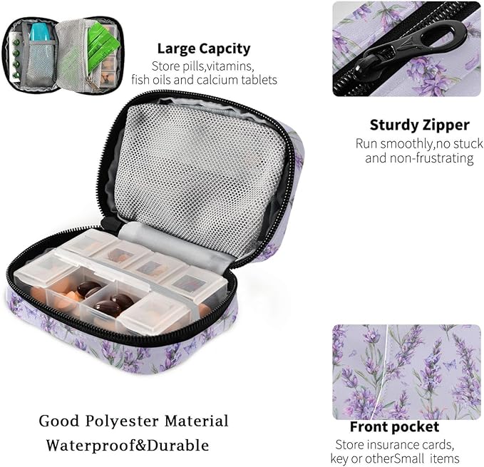 Fustylead Watercolor Vintage Lavender Flowers Travel Pill Organizer Case Zipper for Purse with Removable Weekly Pill Box for Medicine, Vitamin, Supplement Medicine Organizer